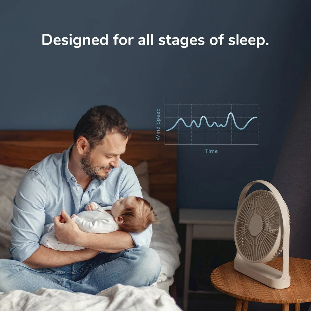 Man holding a baby in bed with a fan and text 'Designed for all stages of sleep.'