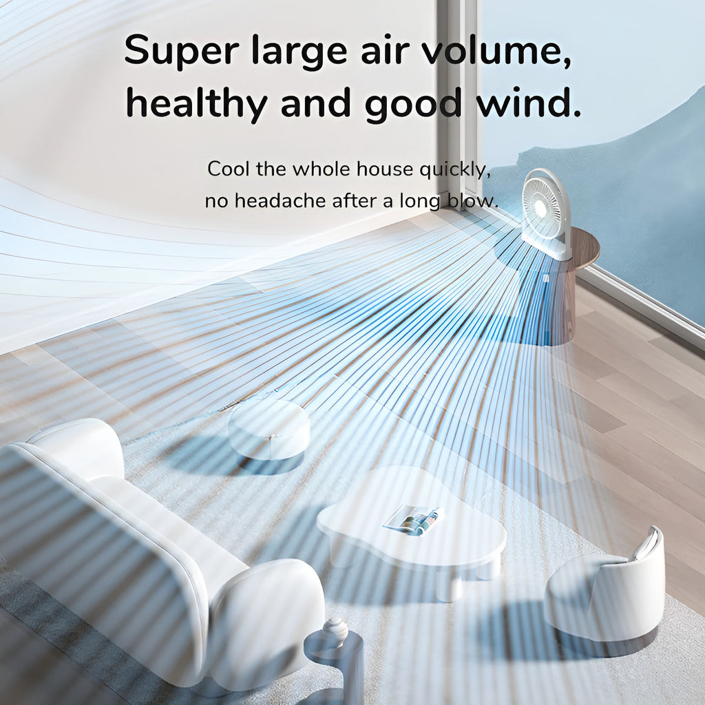 Modern living room with a large air volume fan blowing cool air, text highlighting features.