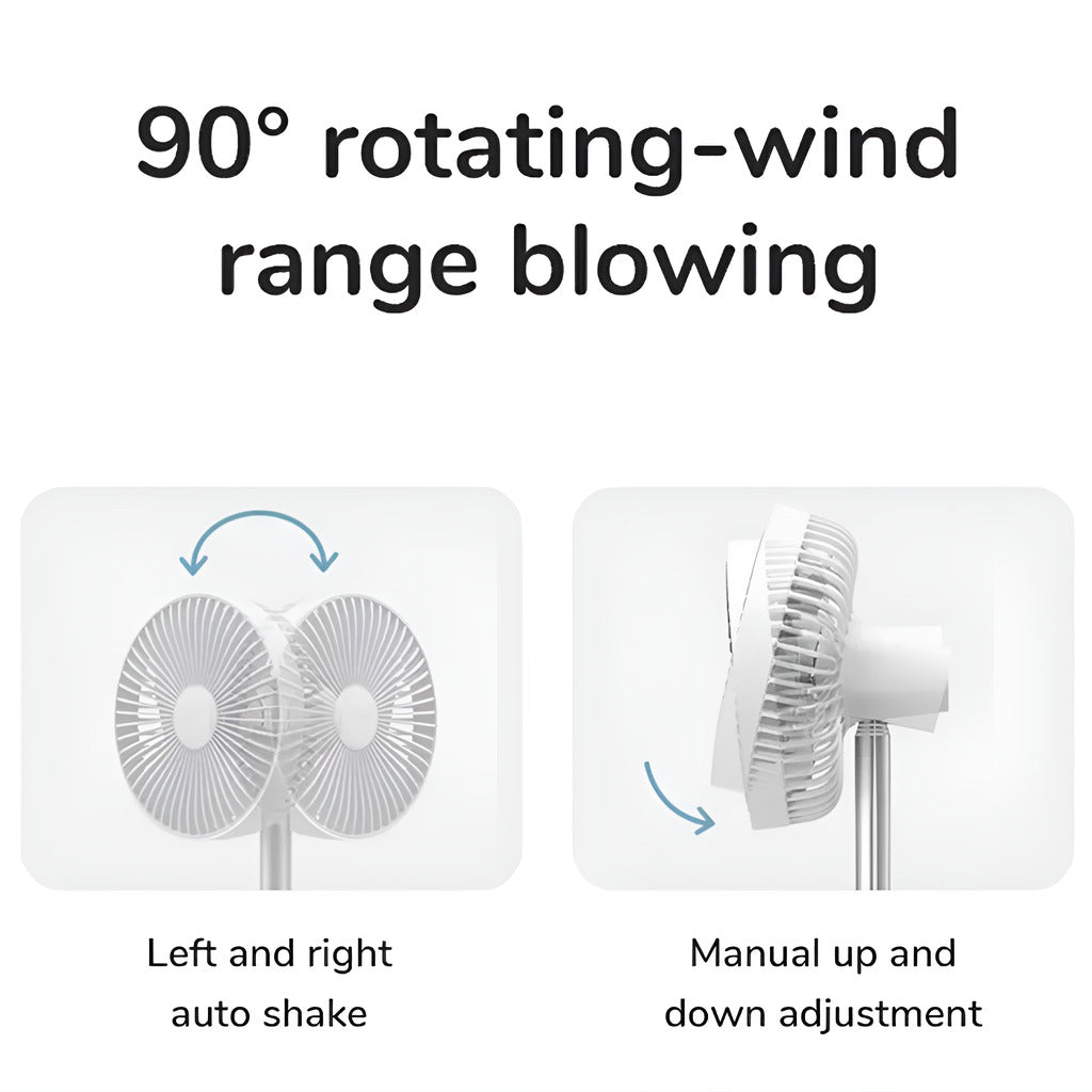 Illustration of a fan with text describing its features on a white background