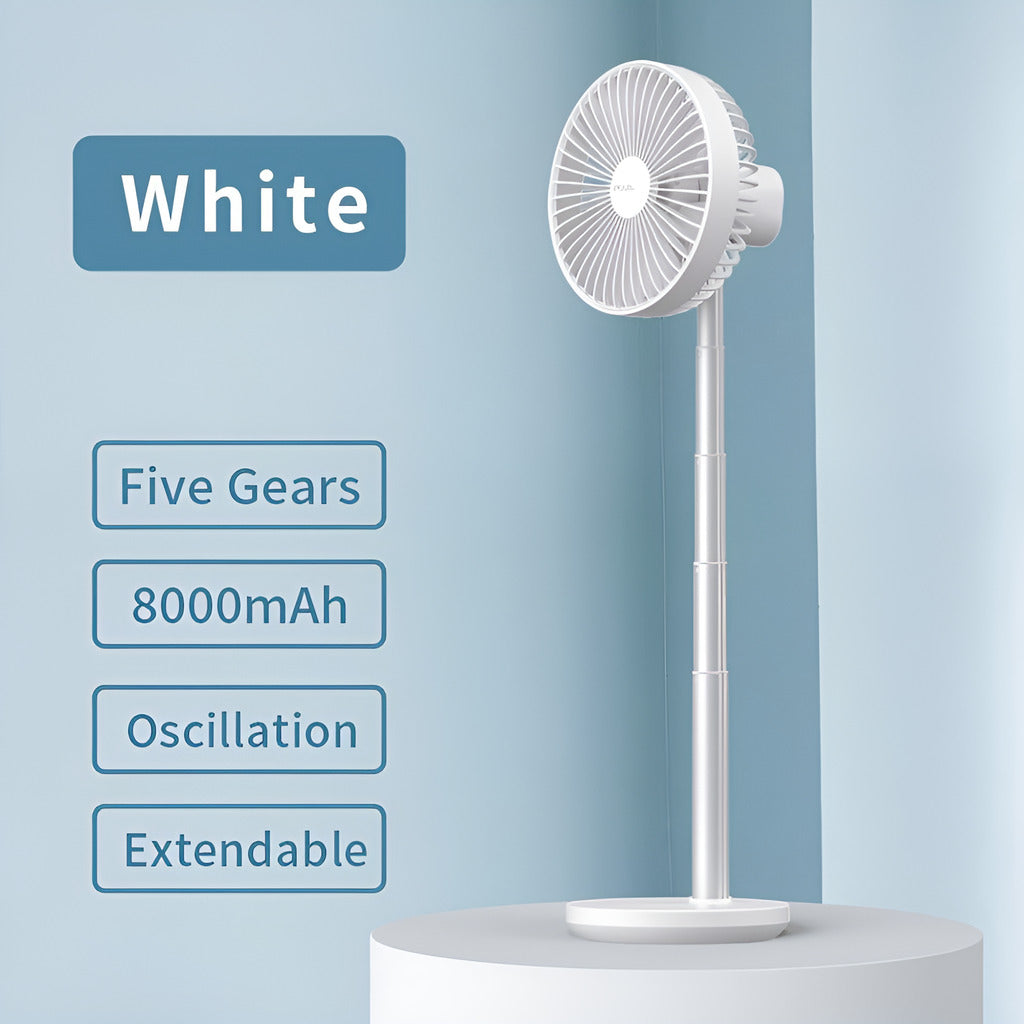 White stand fan with features listed on a blue background