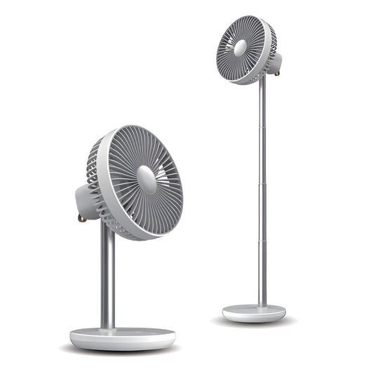 Two gray oscillating fans on white background