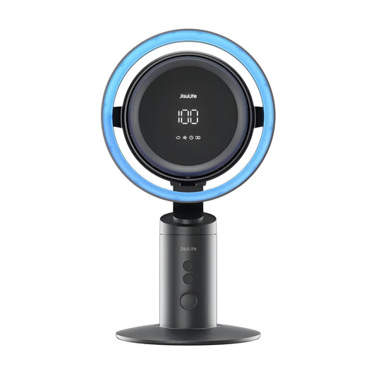 Black and blue fan with digital display on a white background