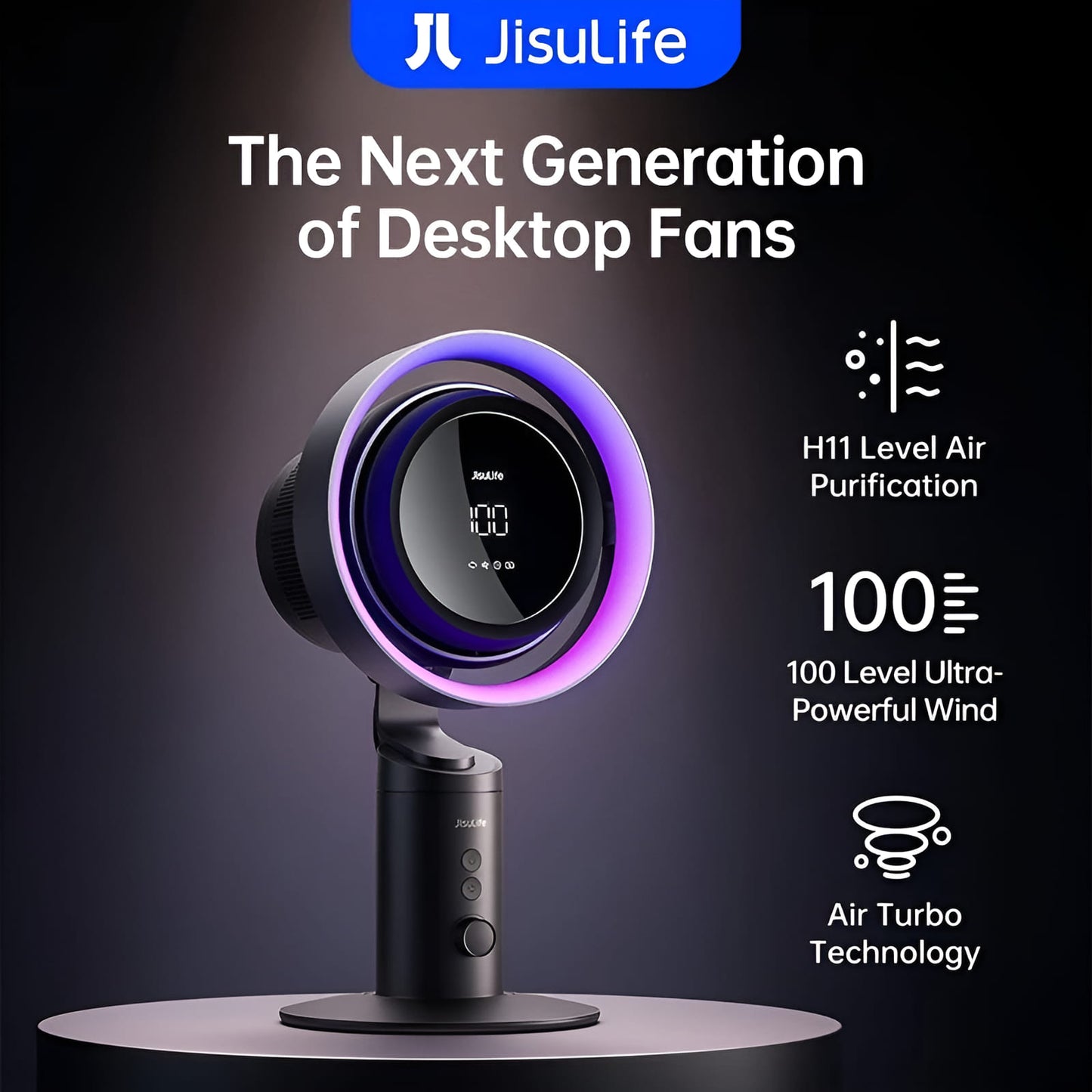 JisuLife desktop fan with features highlighted on a dark background