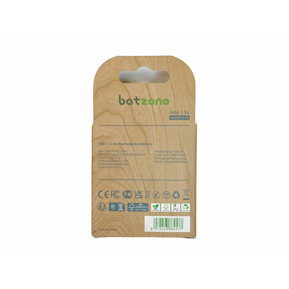 batzone Type C Li-ion Rechargeable Battery AAA 666mWh