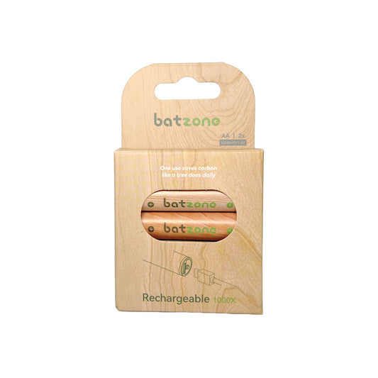 Batzone rechargeable batteries in wooden packaging on a white background