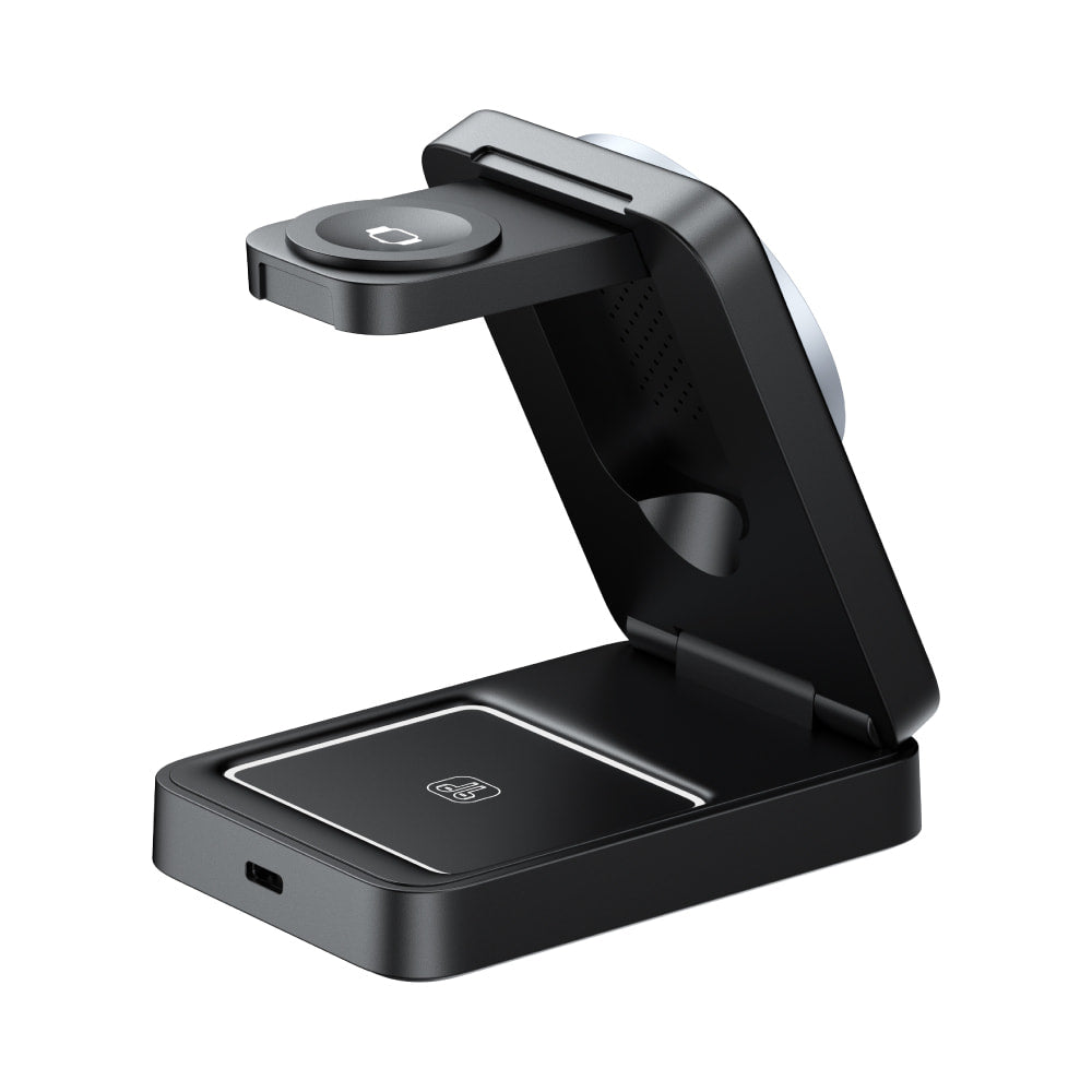 Black phone stand with wireless charging pad on a white background