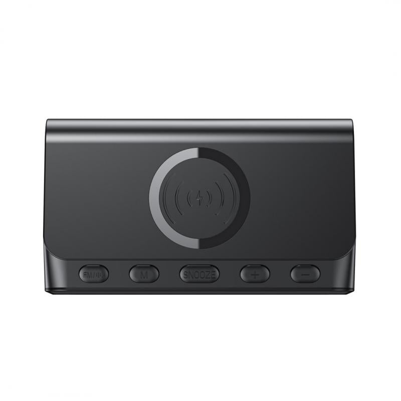 Black wireless charging pad with control buttons on a white background