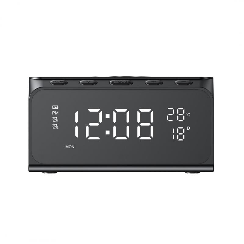 Black digital clock with time and temperature display on a white background