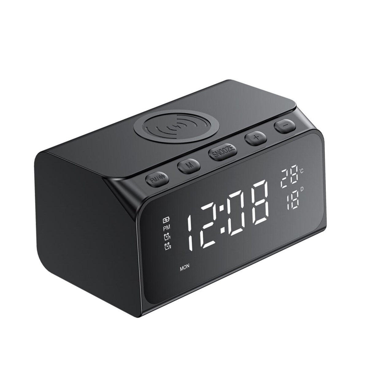 Black digital clock with wireless charging pad on a white background