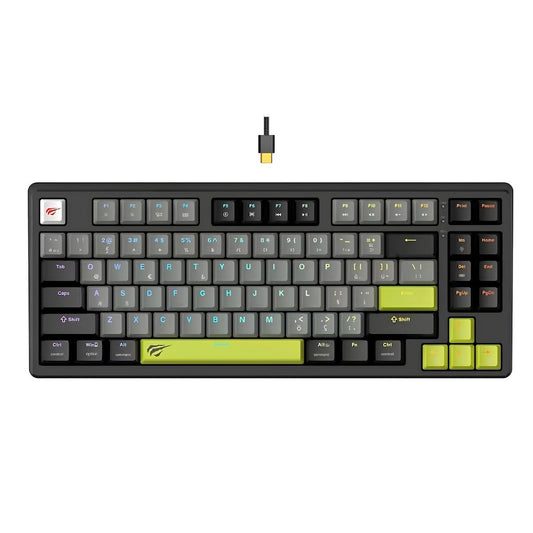 Gaming keyboard with green accents on a white background