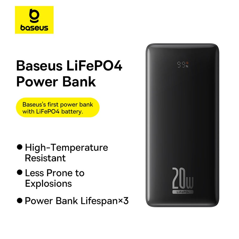 Baseus LiFePO4 Digital Display Power Bank 18400mAh 20W Cluster Black (With Simple Series Charging Cable USB to Type C 3A 0.3m Black) High temperature resistant 