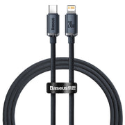 A black Baseus Crystal Shine Series 20W PD fast charging data cable with a Type-C to Lightning connector.