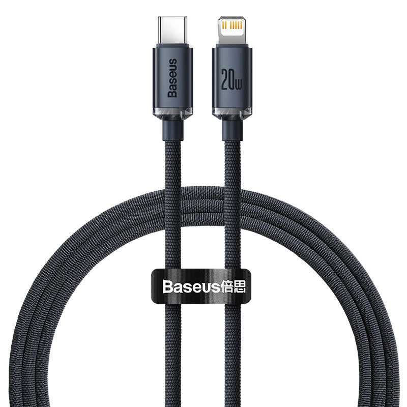 A black Baseus Crystal Shine Series 20W PD fast charging data cable with a Type-C to Lightning connector.