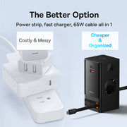 Baseus PowerCombo Series 65W Digital PowerStrip with Retractable Type-C Cable Black