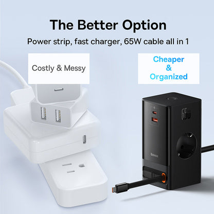 Baseus PowerCombo Series 65W Digital PowerStrip with Retractable Type-C Cable Black