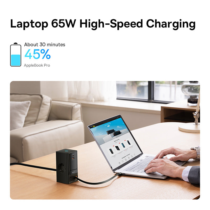 Baseus PowerCombo Series 65W Digital PowerStrip with Retractable Type-C Cable Black