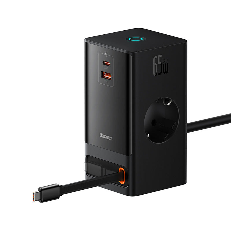 Baseus PowerCombo Series 65W Digital PowerStrip with Retractable Type-C Cable Black