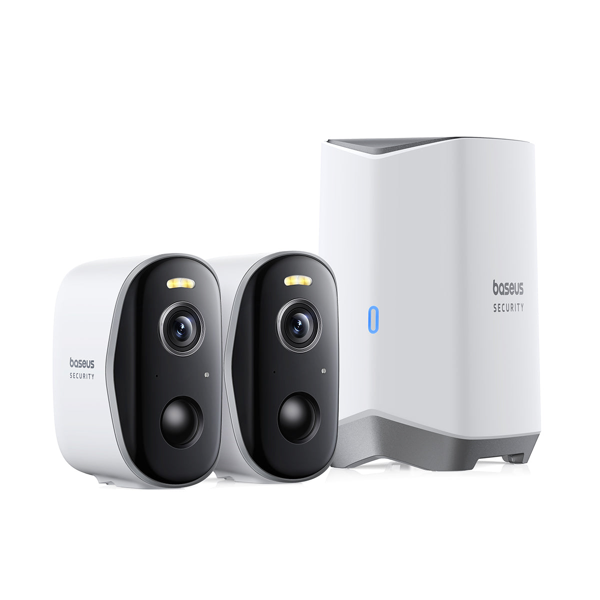Baseus Security N1 Series Outdoor Camera set including two camera units and a home station device, all in white color.