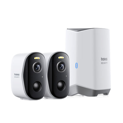 Baseus Security N1 Series Outdoor Camera set including two camera units and a home station device, all in white color.