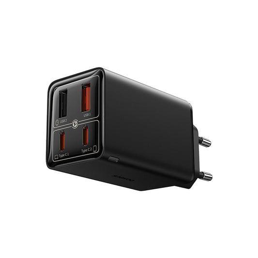 Black multi-port USB charger on a white background