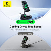 Baseus wireless charging stand with phone and watch on a white and blue gradient background
