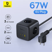 Baseus power adapter with multiple outlets and USB ports on a light gray background