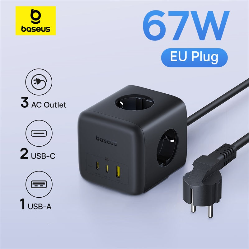 Baseus power adapter with multiple outlets and USB ports on a light gray background