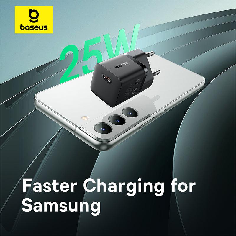 Baseus charger with a smartphone on a reflective surface, featuring the text '25W' and 'Faster Charging for Samsung'.