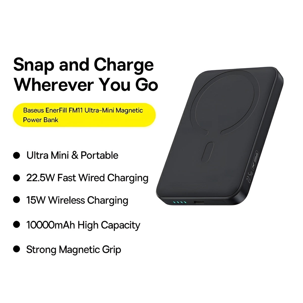 Black power bank with features listed on a white background