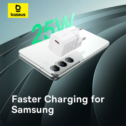Baseus charger with a smartphone on a reflective surface, featuring '25W' text.