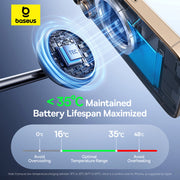 Baseus product with battery and temperature graphics on a blue background