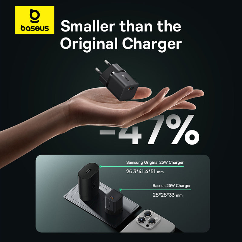 Baseus charger displayed on a hand with size comparison to Samsung charger, on a dark background.