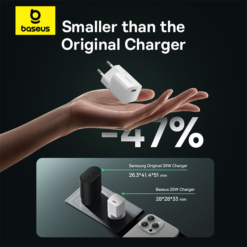 Baseus charger shown as smaller than Samsung original charger with hand holding it.