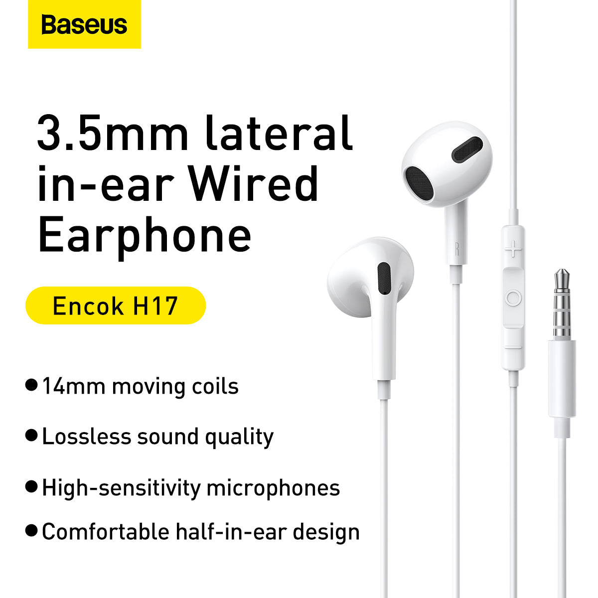 Baseus H17 Encok 3.5mm Lateral In-Ear Wired Earphone with Remote White