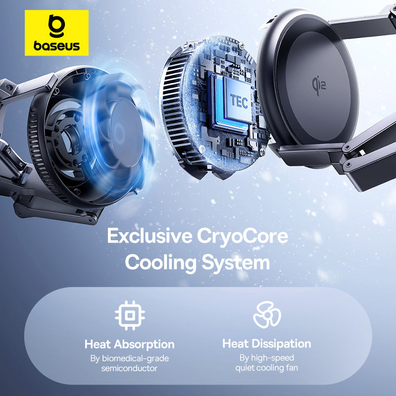 Baseus cooling system with CryoCore technology on a blue background