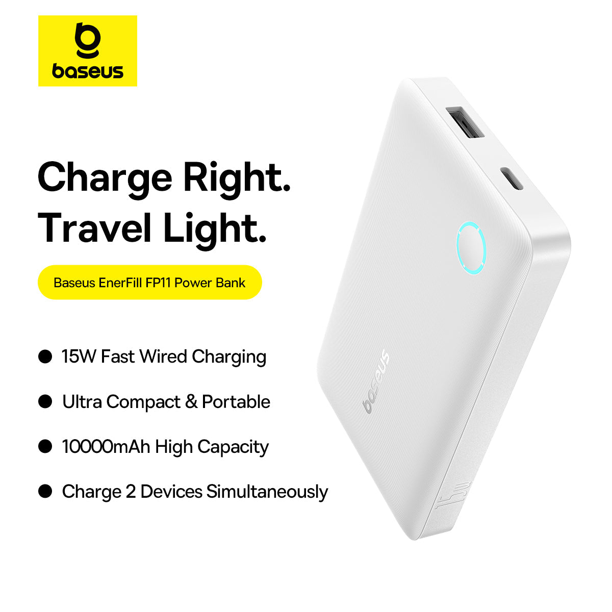 Baseus power bank with features listed on a white background