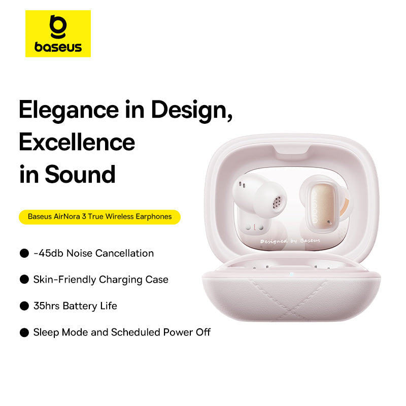 Baseus AirNora 3 True Wireless Earphones with charging case on a white background