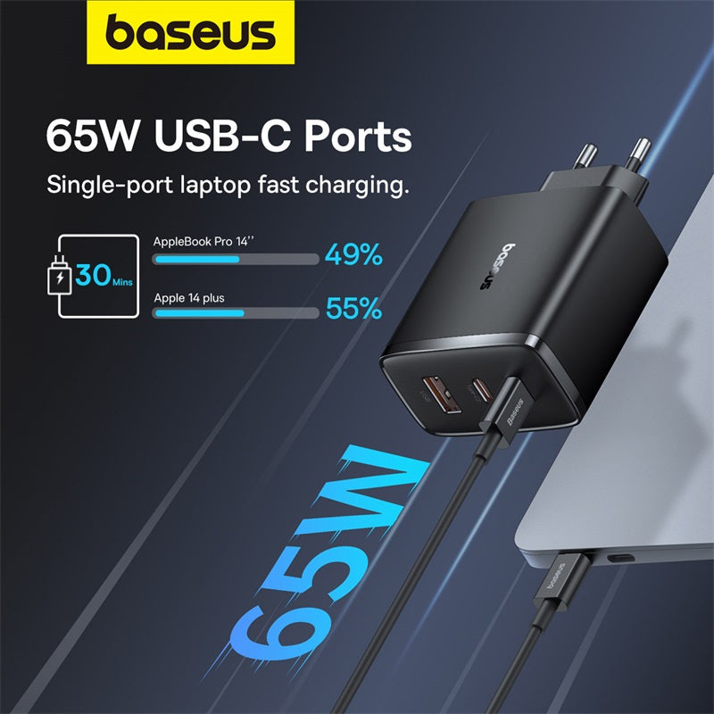 Baseus 65W USB-C laptop charger with charging speeds displayed on a dark background