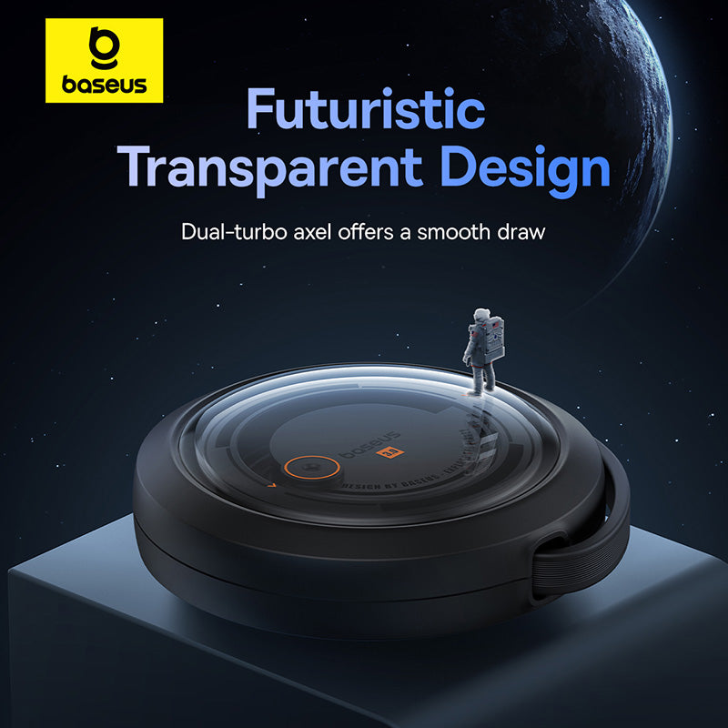 Baseus product with futuristic transparent design and space-themed background