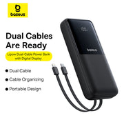 Baseus power bank with dual cables on a white background