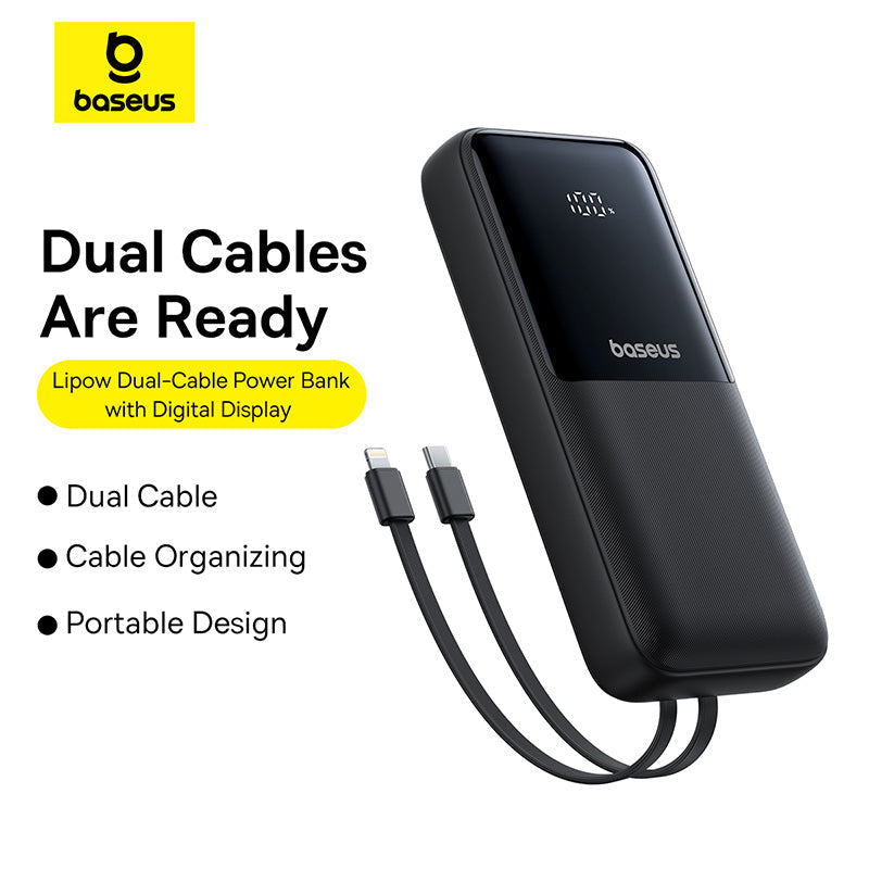 Baseus power bank with dual cables on a white background