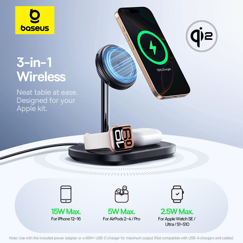 Baseus 3-in-1 wireless charging stand with phone, earbuds, and watch on a light blue background.