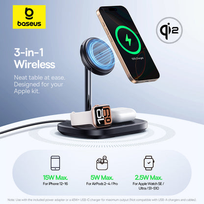 Baseus 3-in-1 wireless charging stand with phone, earbuds, and watch on a light blue background.