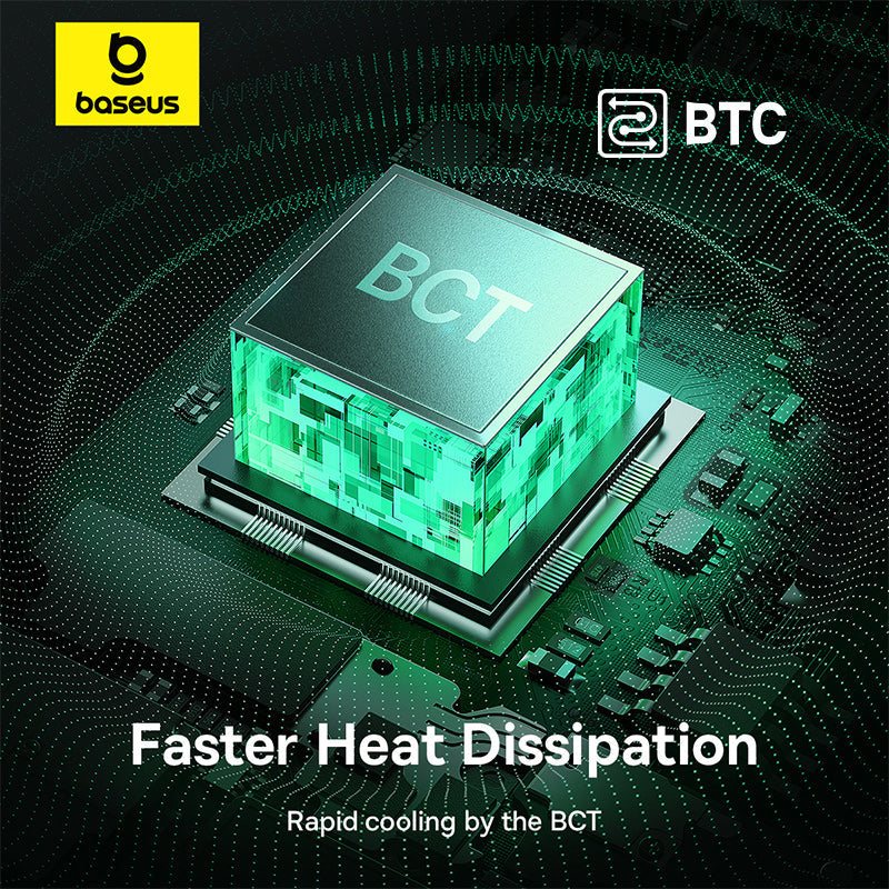 Electronic component with 'BCT' on a circuit board, featuring Baseus and BTC logos.