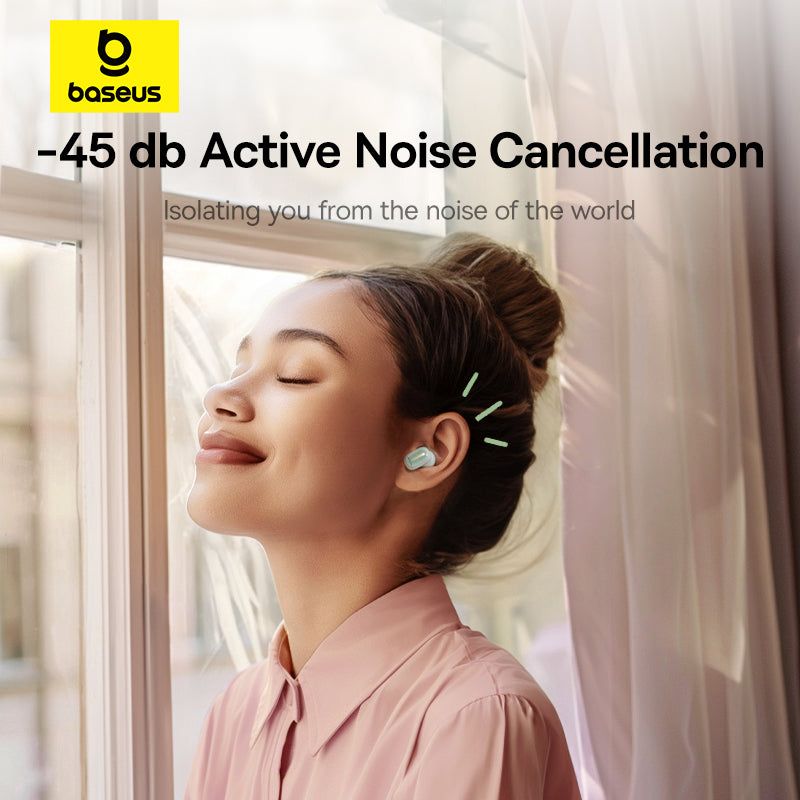 Woman wearing earbuds with baseus logo and text about active noise cancellation.