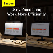Comparison of a computer setup with and without a lamp, featuring Baseus branding.