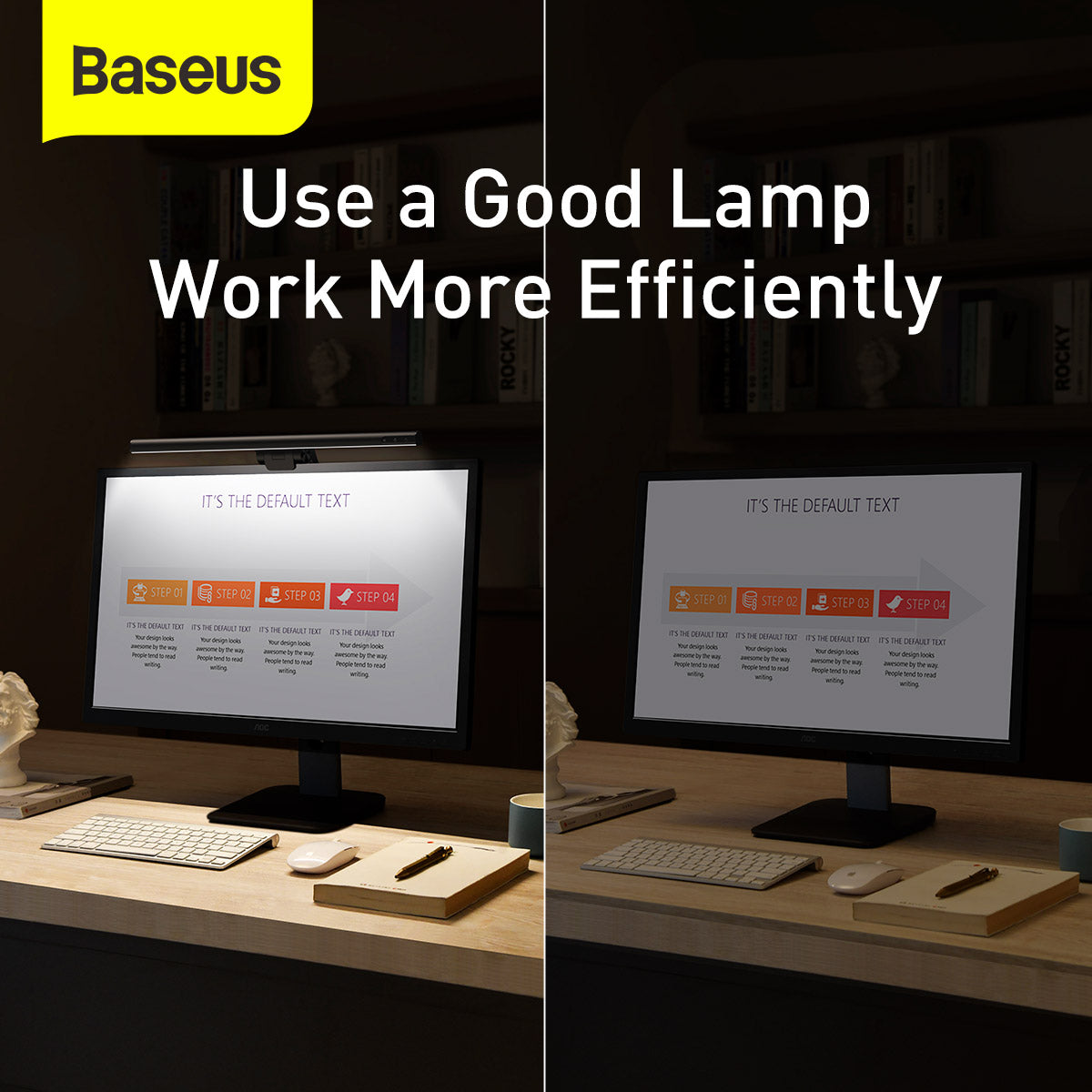 Comparison of a computer setup with and without a lamp, featuring Baseus branding.