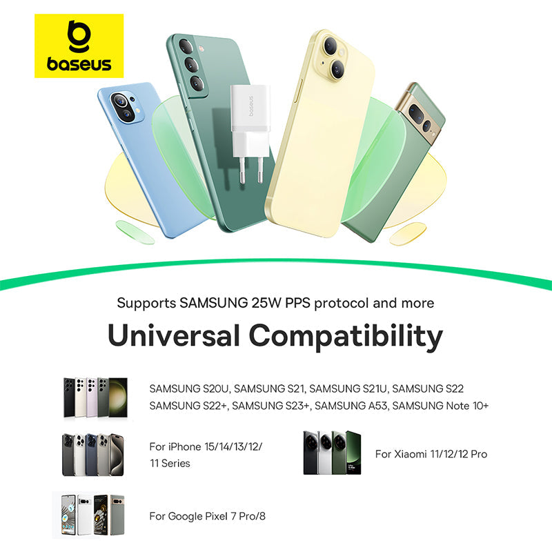 Baseus product advertisement with smartphones and a charger on a white background