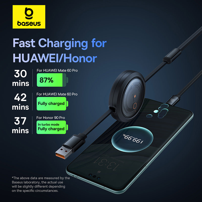 Baseus fast charging cable for Huawei and Honor devices with charging times displayed.