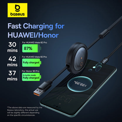 Baseus fast charging cable for Huawei and Honor devices with charging times displayed.